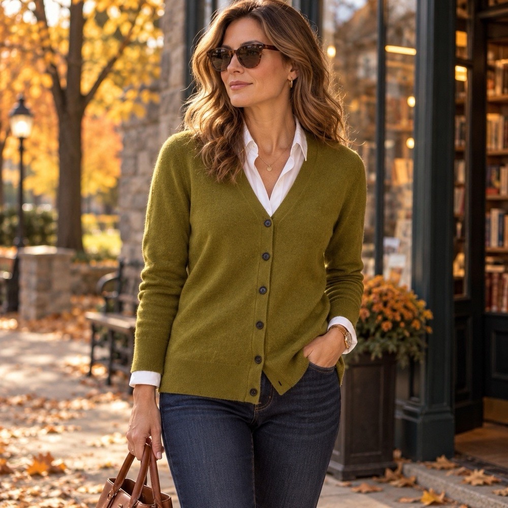 J. Crew Women's Cashmere Wool Blend Cardigan Size L Green Button Front 09160